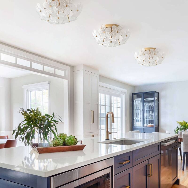 Frieda Modern 3-Light 16" Brushed Brass Clear Glass Flower Flush Mount - 16 inches in diameter x 7.5 inches H