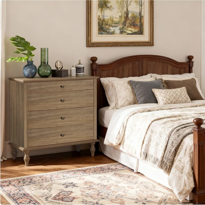 Rustic Wooden 4-Drawer Storage Chest with Metal Knobs and Solid Wood Feet by GDFStudio