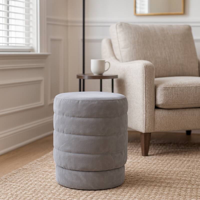 Round Upholstered Ottoman - Compact Pouf Footstool - 19", Grey