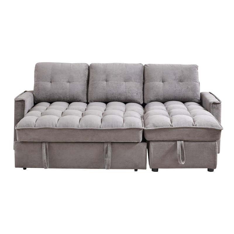 L-shaped Reclining Sofa Chenille Sectional Sofa with Storage Chaise, Pull Out Sleeper Bed, Charging Station and Side Pockets
