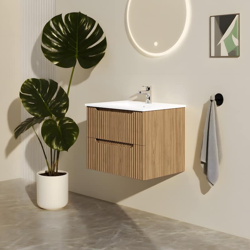 Modland 24" Wall-Mount Bathroom Vanity with Soft-Close Drawers & U-Shape Design - With/Without Sink, Walnut