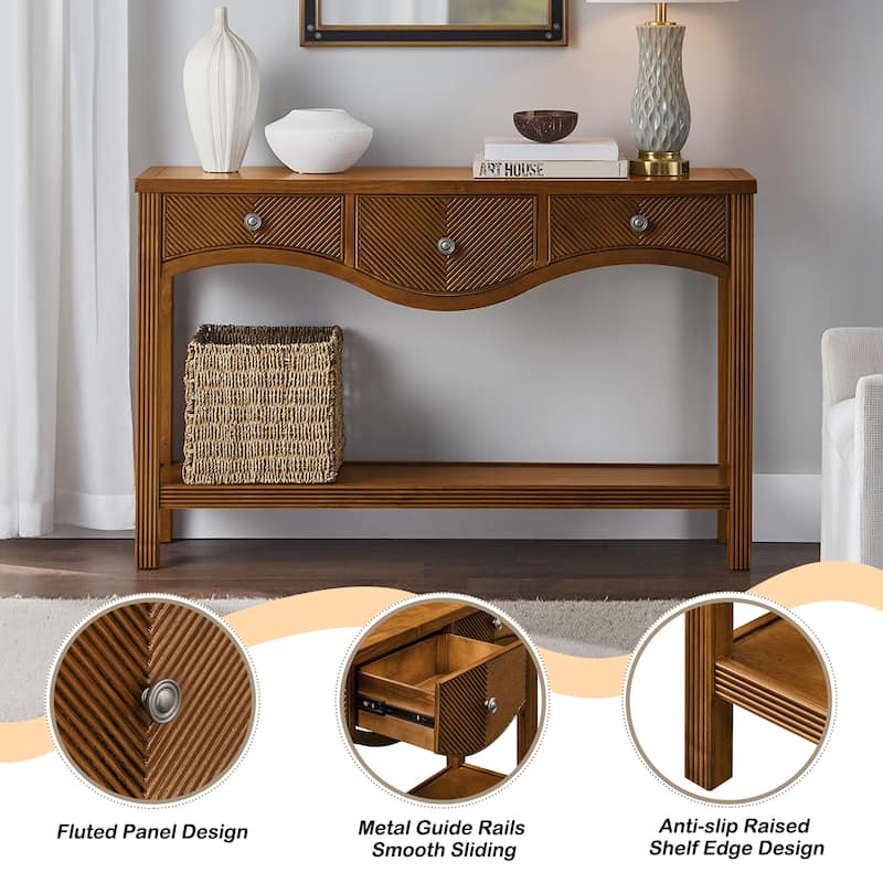 52 Inch Fluted Wood Console Table with 3 Drawers and Solid Wood Legs for Living Room Entryway Decor