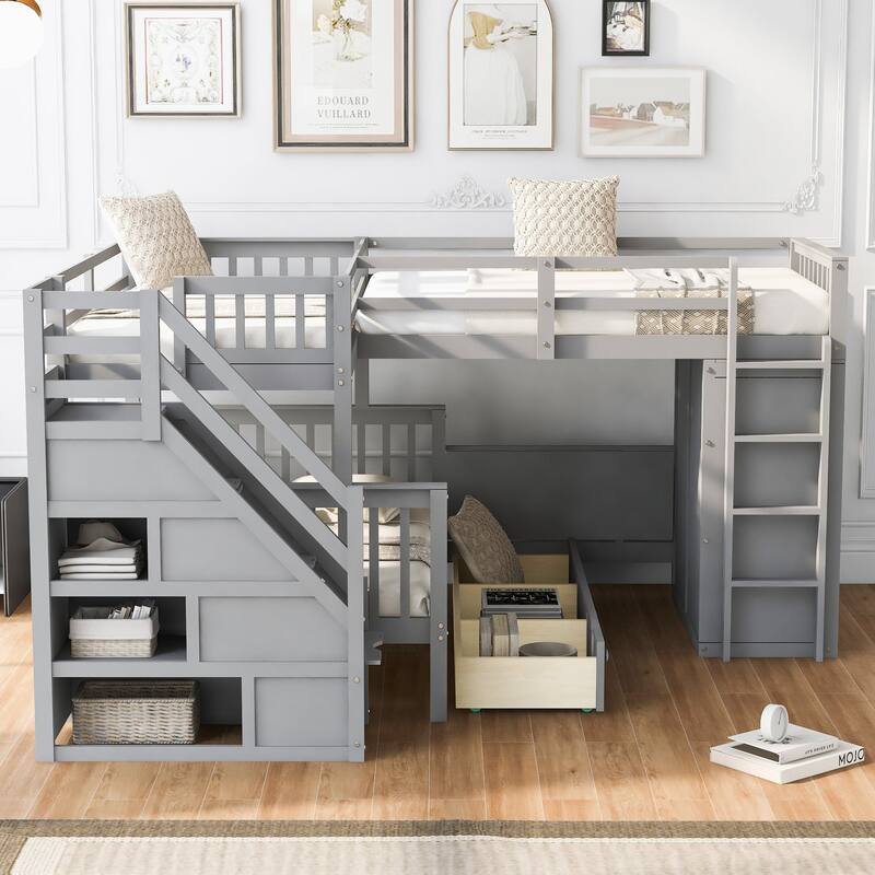 Twin-Twin over Full L-Shaped Bunk Bed With 3 Drawers, and Portable Desk and Wardrobe