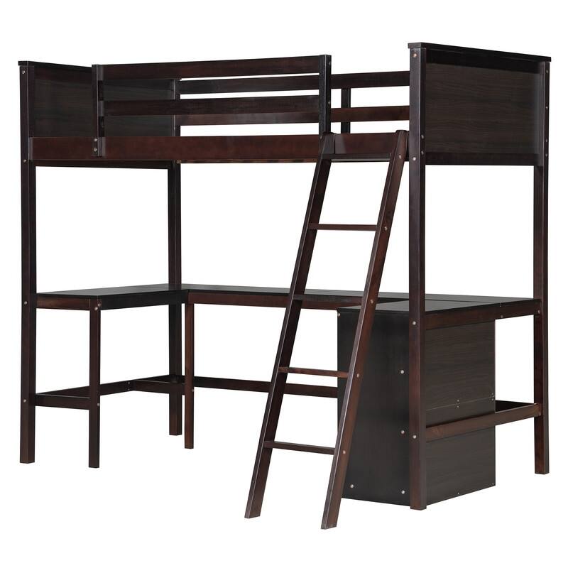 Twin size Wooden Loft Bed with Shelves and Desk