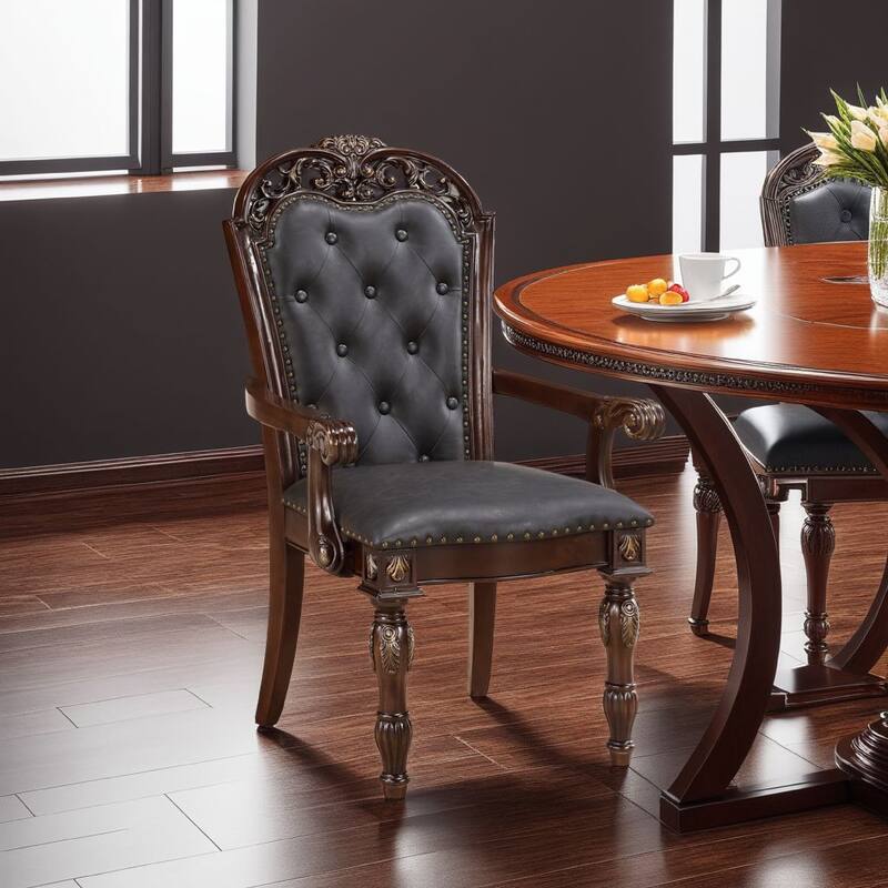 Nami Dining Armchair Set of 2, Traditional Carved Classy Cherry, Gray