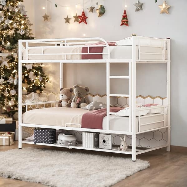 slide 2 of 14, Luxury Twin over Twin Metal Bunk Bed with Shelf and Guardrails, Save Space or Separate into 2 Beds, Maximized Space, White White