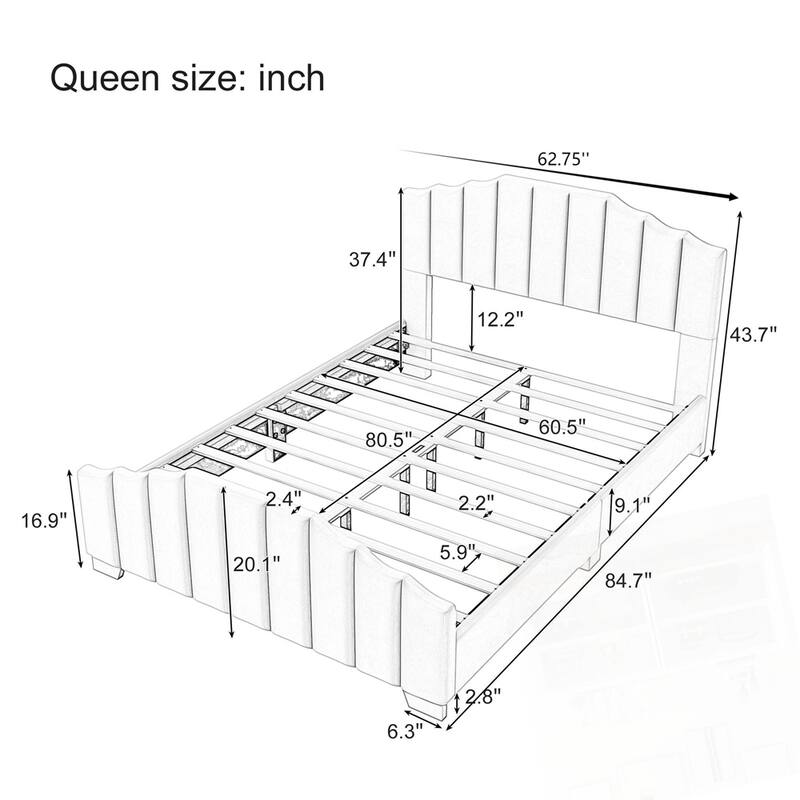 Velvet Upholstered Platform Bed Vertical Channel Tufted Headboard