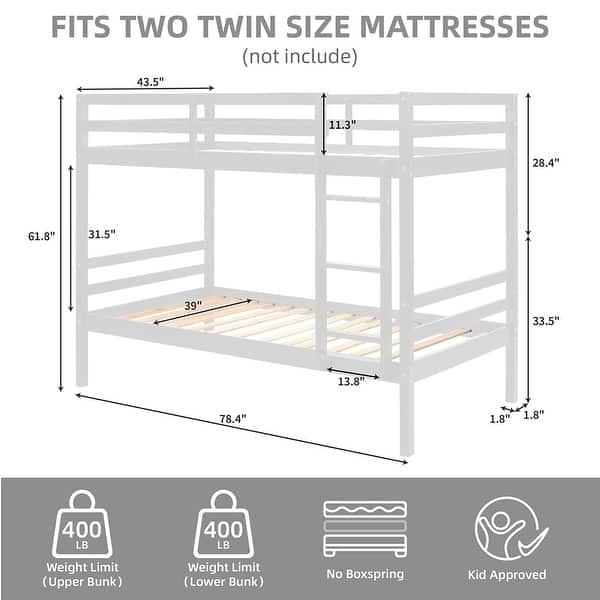 dimension image slide 2 of 4, Twin Bunk Bed,Wooden,High Guardrail,Ladder,Kids Teens,Dorm Guest