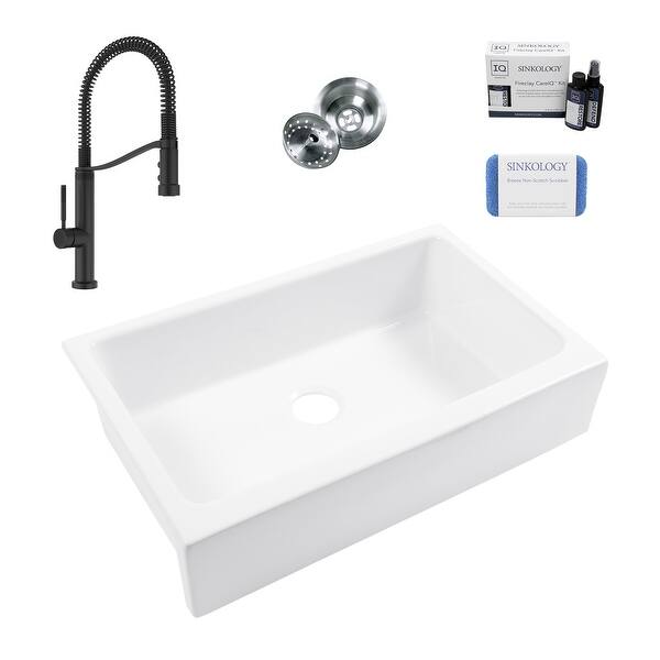slide 2 of 10, Grace Crisp White Fireclay 34″ Quick-Fit Farmhouse Apron Front Undermount Single Bowl Kitchen Sink with Bruton Black Faucet Kit