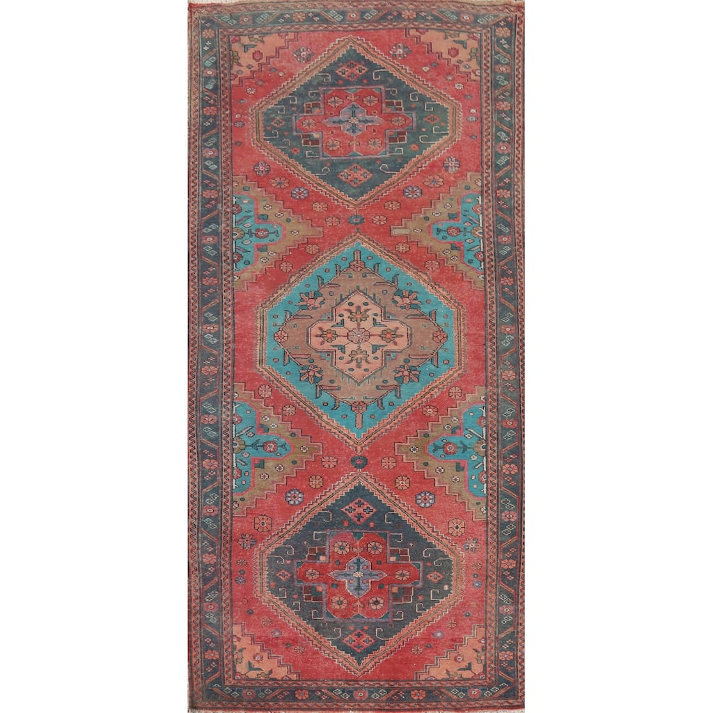 Geometric Hamedan Vintage Persian Area Rug Hand-Knotted Wool Carpet - 4'6" x 11'2"