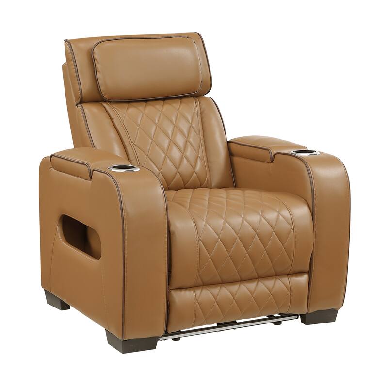 Ezra 37.5" Faux Leather Power Recliner - Power Heatrest, Cup Holders - Brown