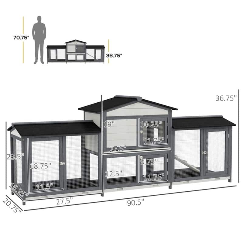 Outdoor Wooden Bunny Hutch with Run Boxes and Asphalt Roof Ramp and Removable Trays for 2-4 Rabbits