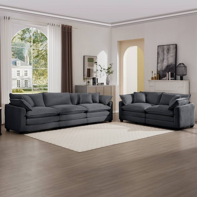 Corduroy Fabric Deep Seat Sofas Set with Throw Pillows, 3+2 Seater Flexible Combinations Sofa with Removable Armrests