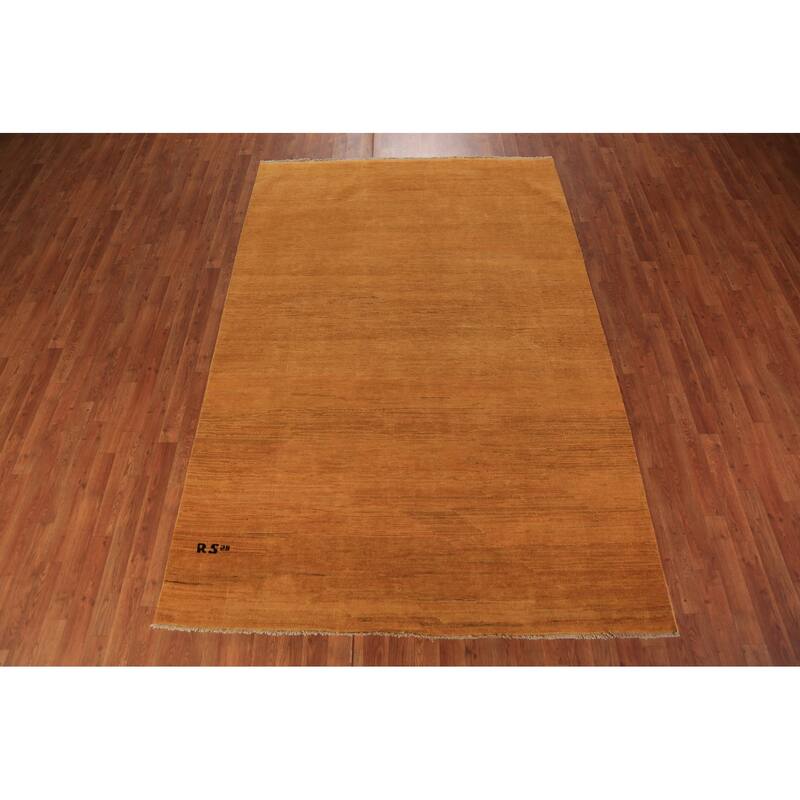 Modern Gabbeh Area Rug Hand-Knotted Solid Orange Wool Carpet - 5'9" x 8'8"