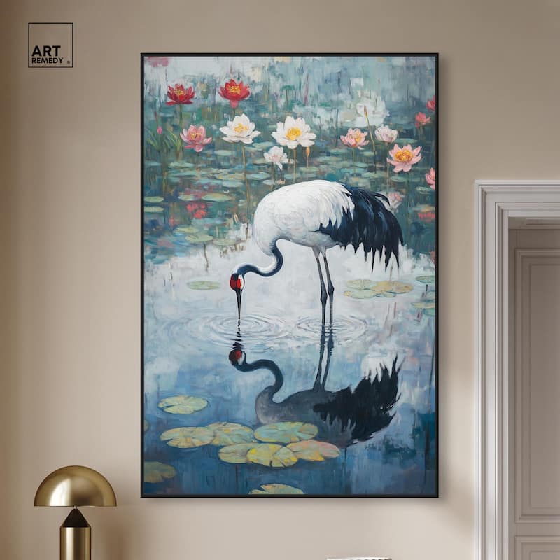 Crane in Lilies Canvas by Art Remedy