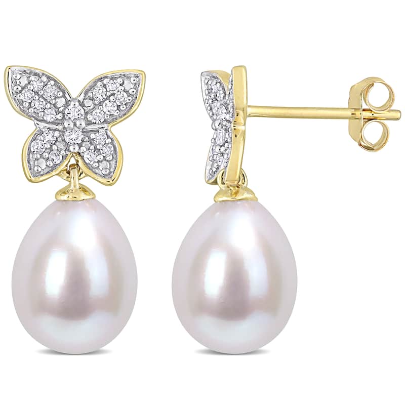 Miadora 10k Yellow Gold Cultured FW Pearl and 1/8ct TDW Diamond Butterfly Drop Earrings (8.5-9mm)