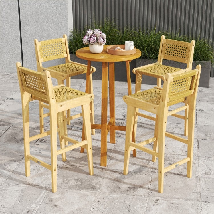 Natural Teak Wood Bar Stool with PE Rattan Seat and Backrest - 16" x 19.5" x 40"