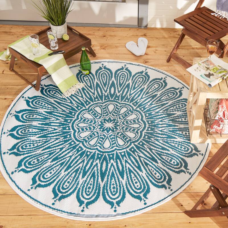 DII Blue Sunflower Outdoor Rug 5 Ft Round