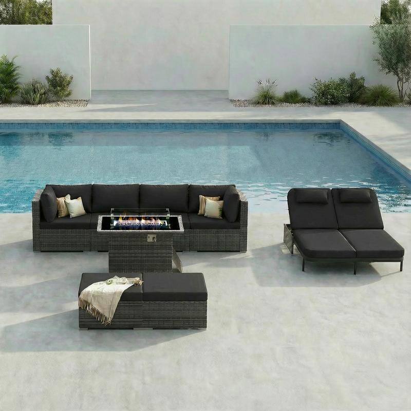Outdoor Sectional Conversation Set PE Wicker with Double Chaise Lounge, 60,000 BTU Fire Pit Table - 8-Piece/Ottoman - Black