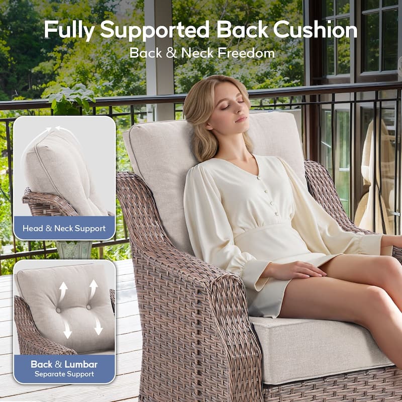 3 Pieces Swivel Chairs Ottomans with Table - Beige Cushion - Brown