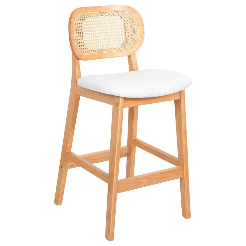 Wood Upholstered Counter Height Bar Stools with Rattan Back - 36.81"H x 17.72"W x 18.7"D - Single - White Boucle Fabric/ Natural Frame