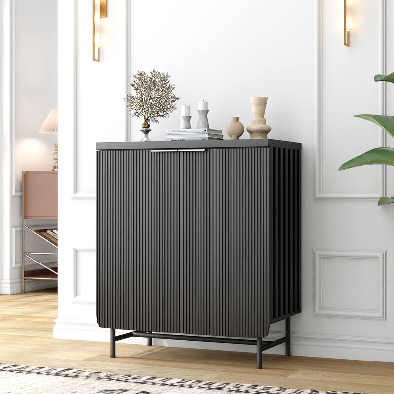 Sideboard Buffet Cabinet with Adjustable Shelves and Fluted Doors - Black-30"
