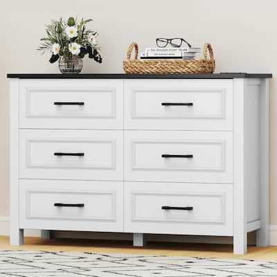 6-drawer Wood White Dresser with Built-in Power Outlet