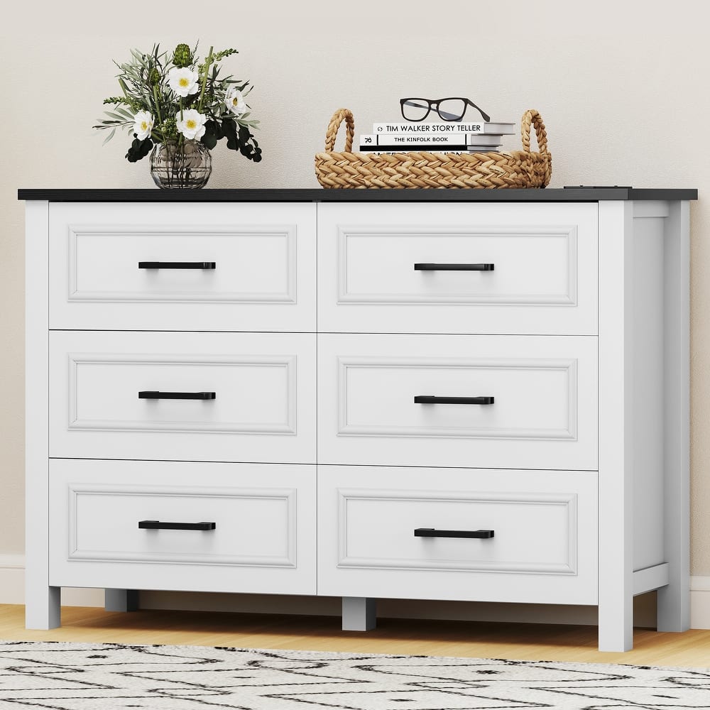 6-drawer Wood White Dresser with Built-in Power Outlet