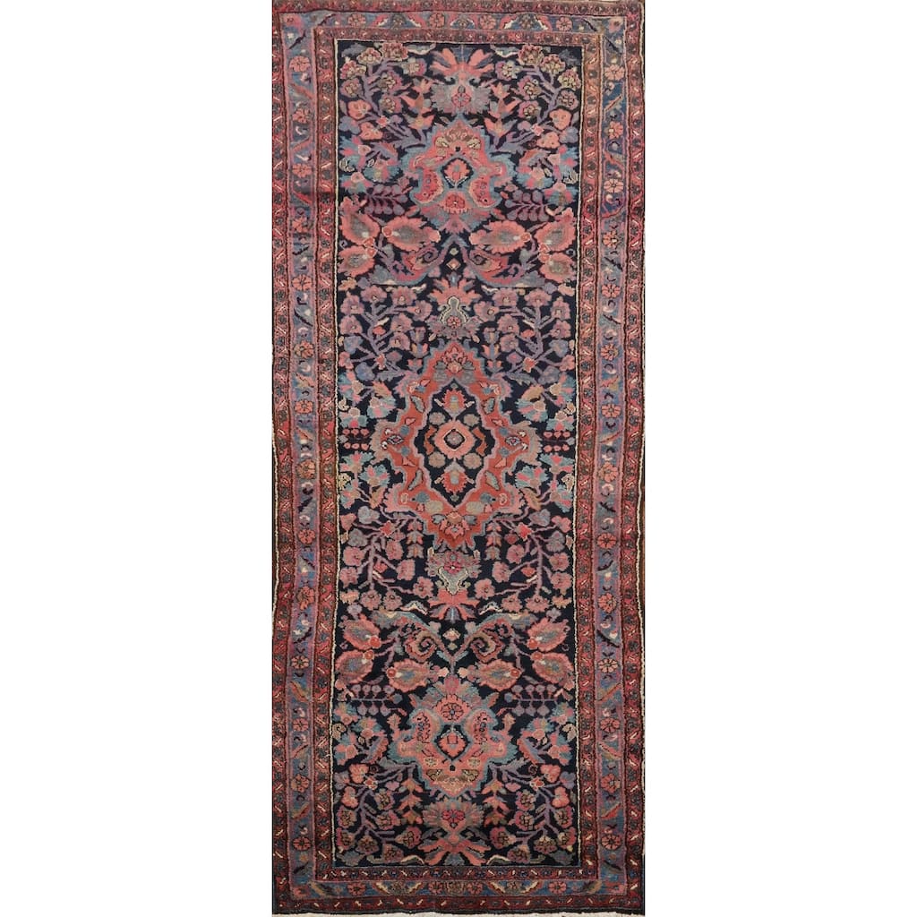 Hand Knotted Oriental 100% Wool Carpet Traditional Floral Navy Blue & Blues Lilian Runner Rug - 12' 2'' X 4' 5''