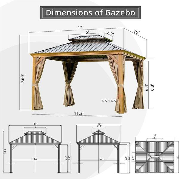 10'x12' Hard Top Gazebo, Wooden Coated Aluminum Frame Canopy with