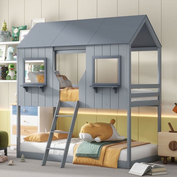 slide 2 of 26, Playhouse Design Twin Over Twin Bunk Bed Wood Bed with Roof, Window, Guardrail, Ladder Grey
