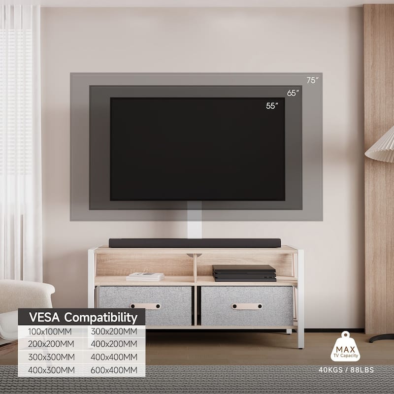 FITUEYES Wood TV Stand with Mount for 55-75 inch TVs Hold up to 88lbs, Swivel and Multi-functional with Foldable Drawers