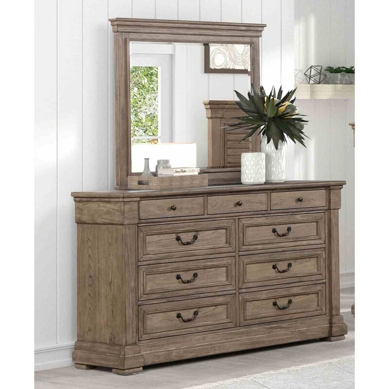 Weathered Gray Transitional Bedroom Set 4 Piece Bed Nightstand Dresser Mirror