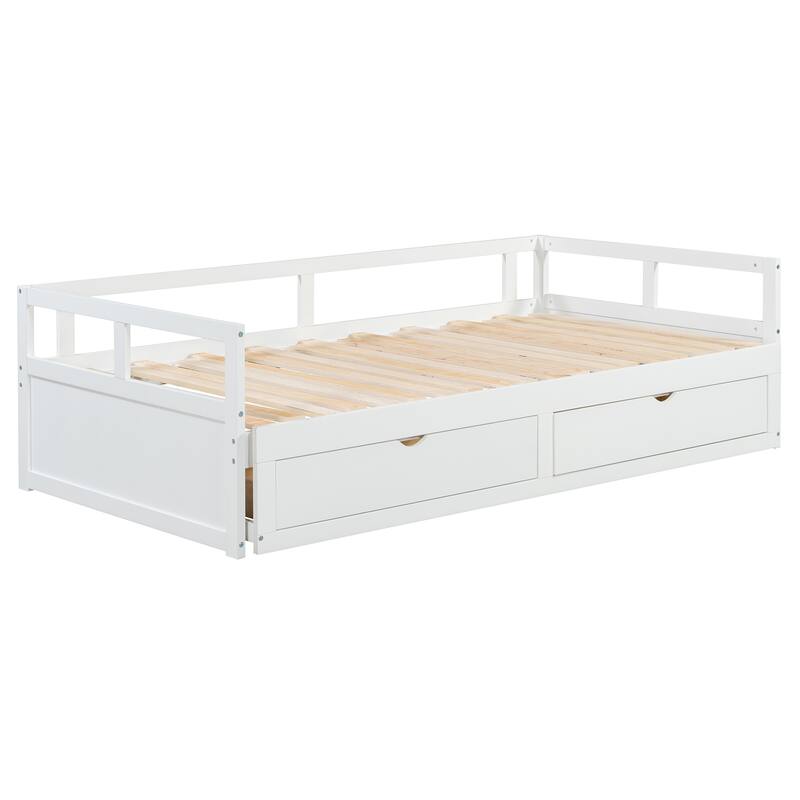 Pine Wood Daybed with Pull-Out Trundle and Two Storage Drawers, Twin to King - White - Twin