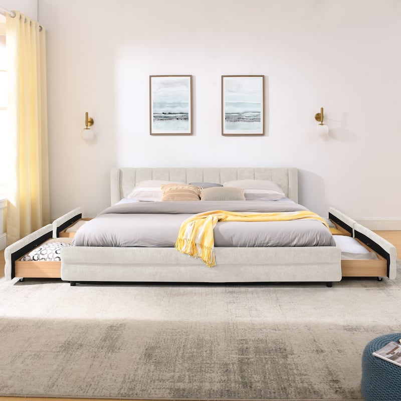 King Upholstered Bed Frame with Headboard and Storage Drawers