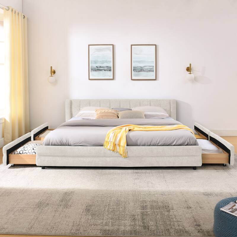 King Upholstered Bed Frame with Storage Drawer, Thick Padded Headboard & Solid Frame in Chenille Fabric