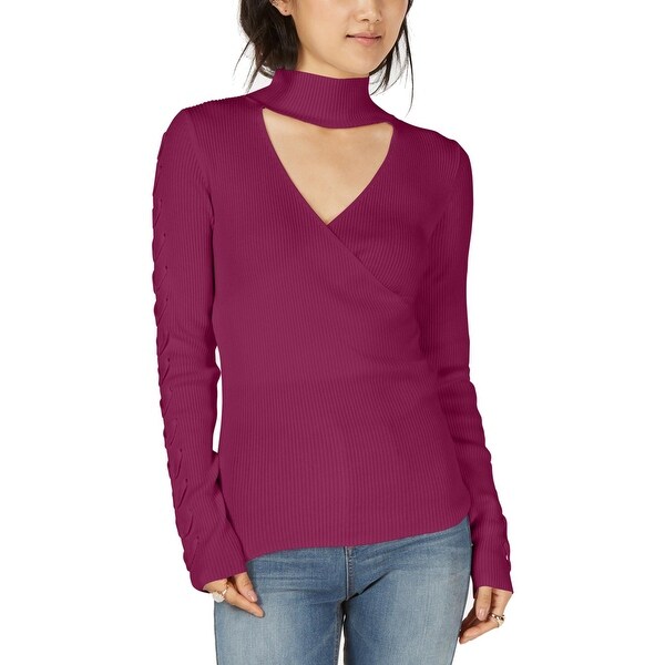 Hippie Rose Womens Juniors Choker Sweater Ribbed V-Neck - Beatbox Berry - S