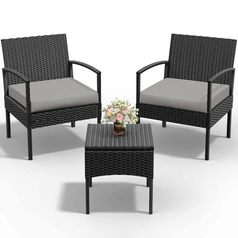3 PCS Outdoor Patio Bistro, Rattan Conversation Chairs Set, Balcony Furniture Set - 28"H x 23.3"W x 23.3"D - Tan