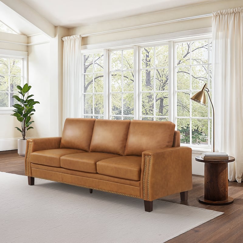 Mid-Century Modern 3-Seater Sofa 84" in Upholstered Genuine Leather with Solid Wood Frame for Living Room - Whisky Brown