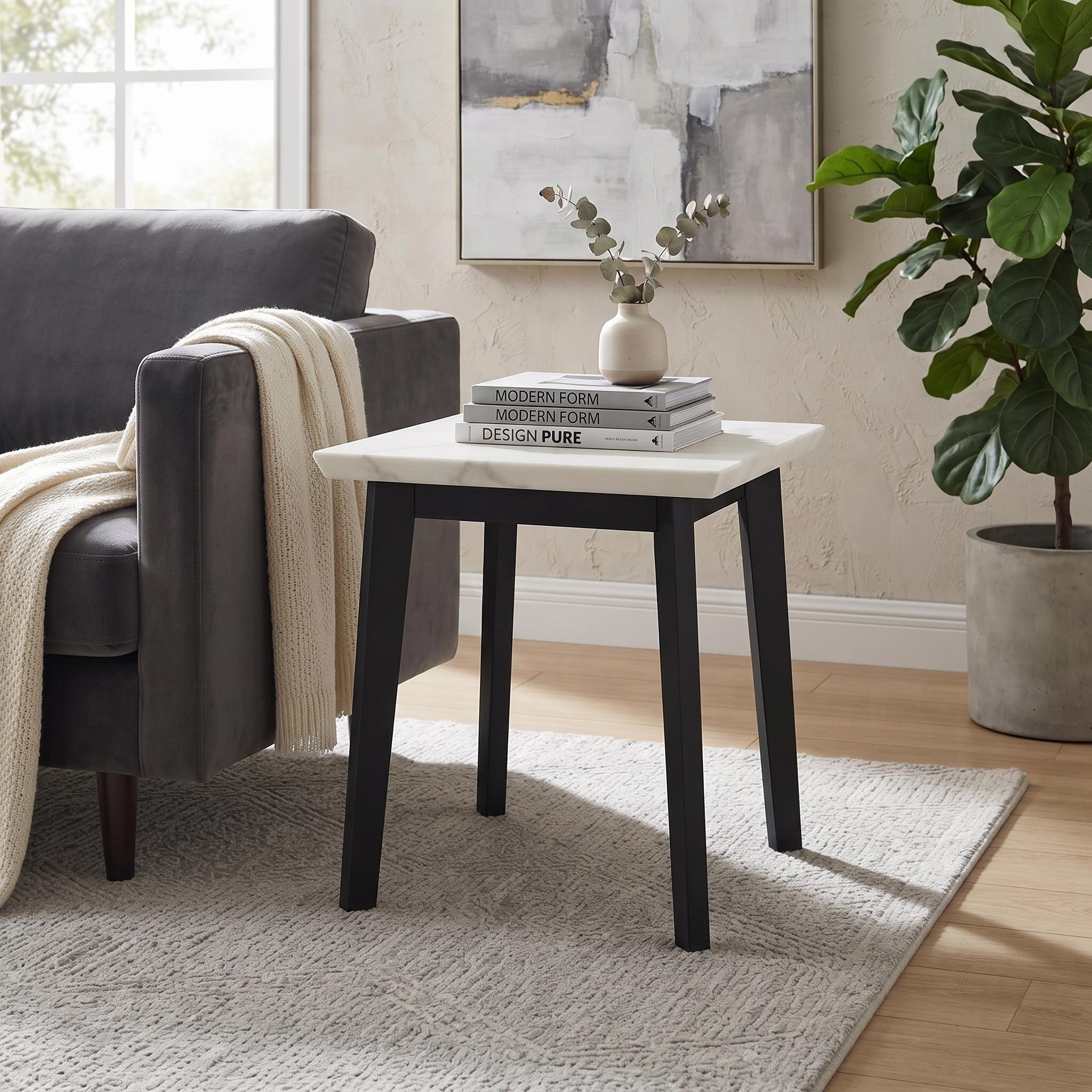 Furniture of America Fieny Modern White and Black Genuine Marble Top Square End Table