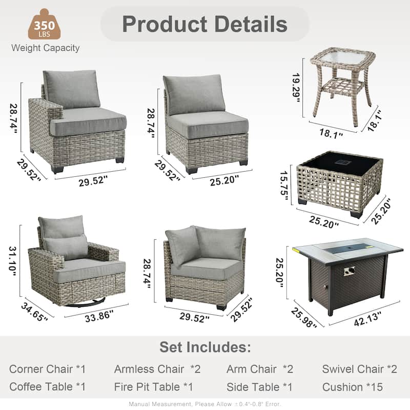 OVIOS 10 Pieces T shaped Seat Wide Armrest Swivel Chair Set With Fire Pit