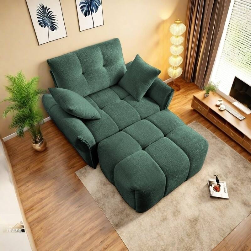 Modular 4-Seat Chenille Sofa Set with 2 Ottomans, High-Resilience Cushions and Solid Wood Frame - 1 Seater with Ottoman Green