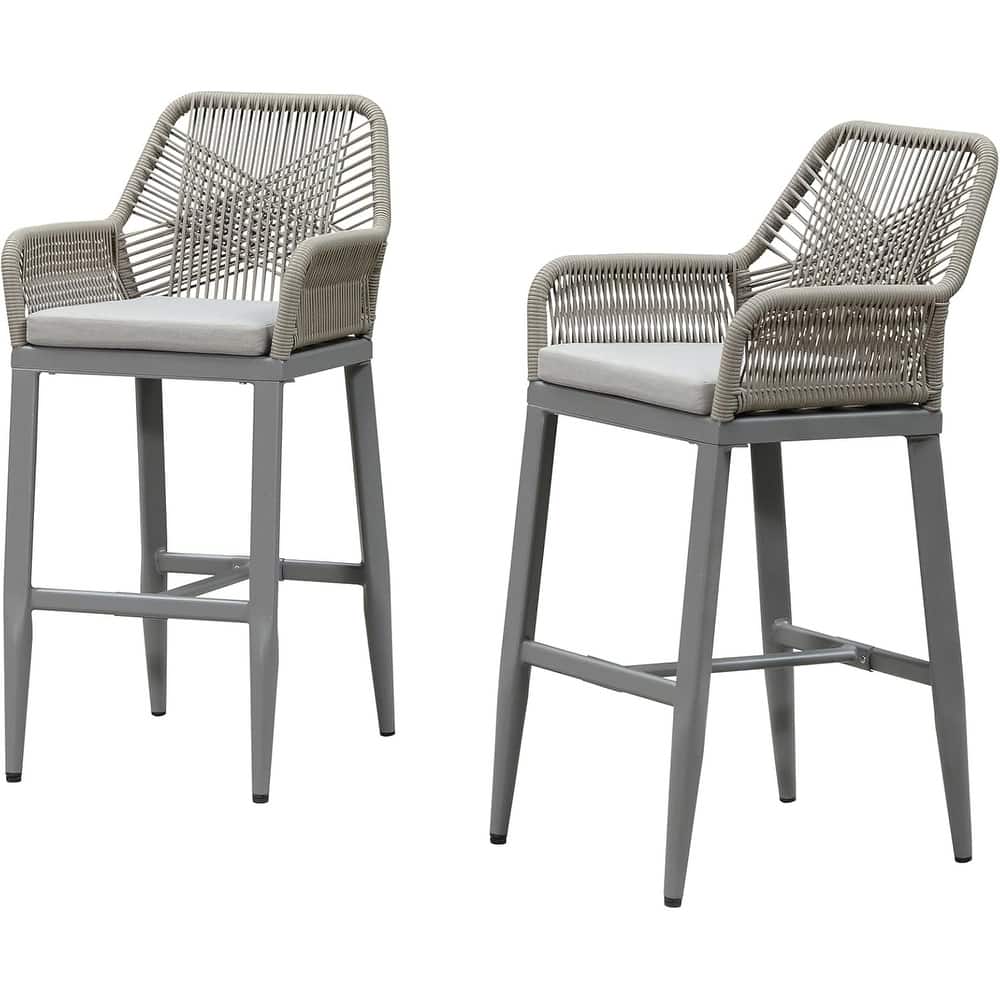 PURPLE LEAF Outdoor Bar Stools Chair Set of 2, All Weather Rattan and Aluminum Patio Bar Stool with Cushion