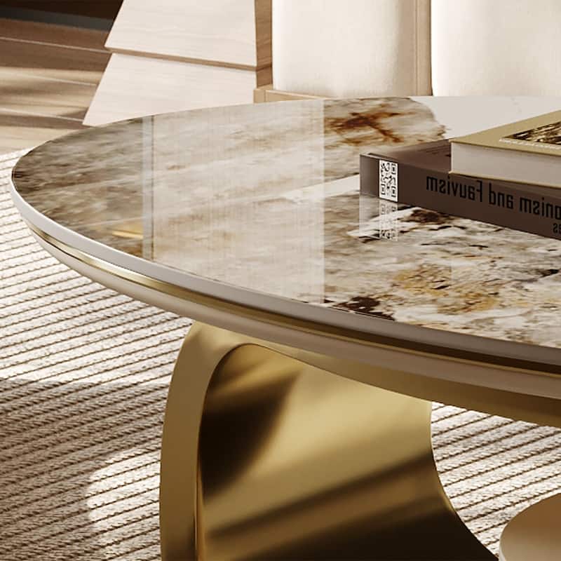 51" Modern Pandora Oval Coffee Table with Glossy Sintered stone top, Luxury Coffee Table, Stainless Steel Legs for Livingroom