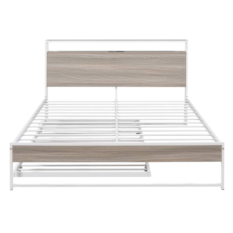 Full/Queen Platform Bed Frame with Trundle, USB Ports and Steel Slat Support, Metal and Wooden Bed Frame with Storage Headboard