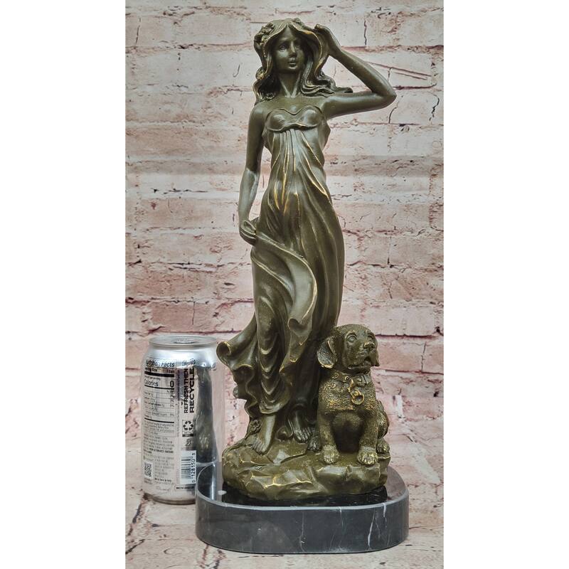Bronze Lady With Loyal Imitative Dog Sculpture On Marble Base By Aldo Vitaleh