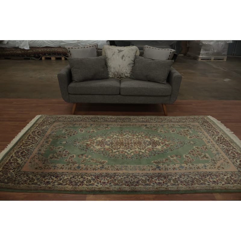 Hand Knotted Oriental 100% Wool Carpet Traditional Floral Green Kerman Area Rug - 8' 3'' X 4' 10''