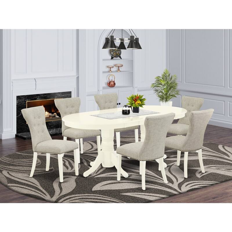 Retro Dining Table Set - 7 Piece Modern Table & Chairs - Linen White Finish - Hardwood Frame - Butterfly Leaf Design - 76