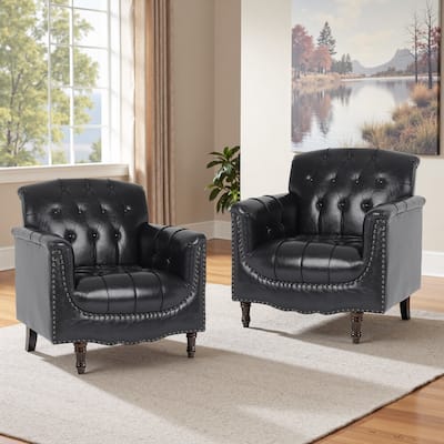 Set of 2 Tufted Vegan Leather Armchairs with Nailhead Trim and Wood Frame