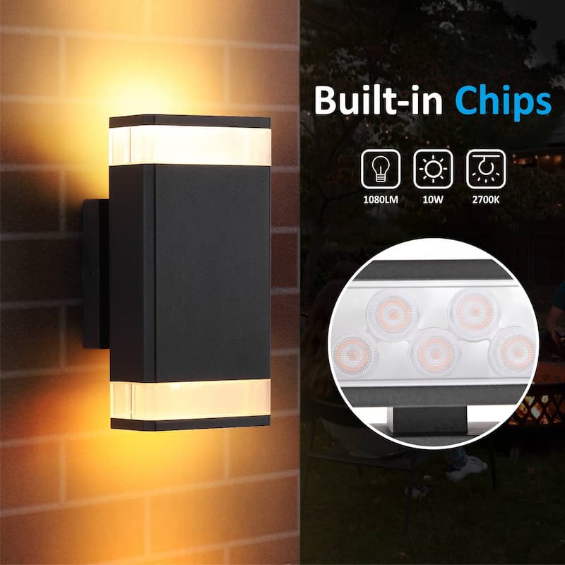IP66 Waterproof 10W Warm White Integrated Square Outdoor Lights Black Aluminum LED Wall Lamp 2-Pack - N/A